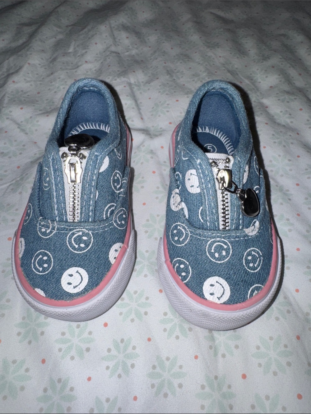 Denim Smiley Zip Kids Sneakers - Blue & Pink Trim